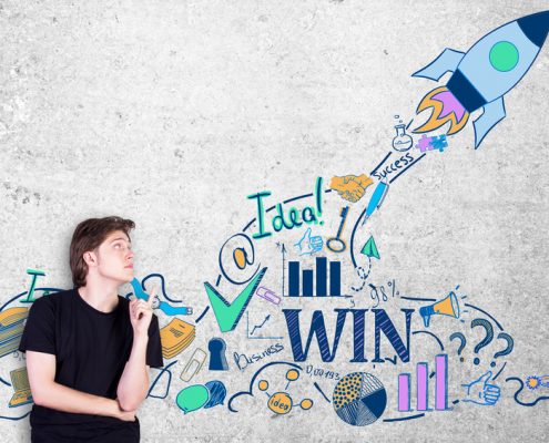 A young man is pointing at the wall behind him where various elements are shown to rocket your success