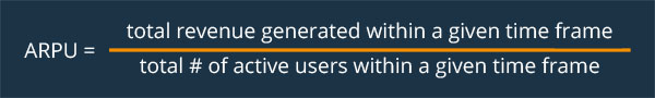 Average Revenue Per User: Total Revenue generated within a given time frame / total # of active users within a given time frame