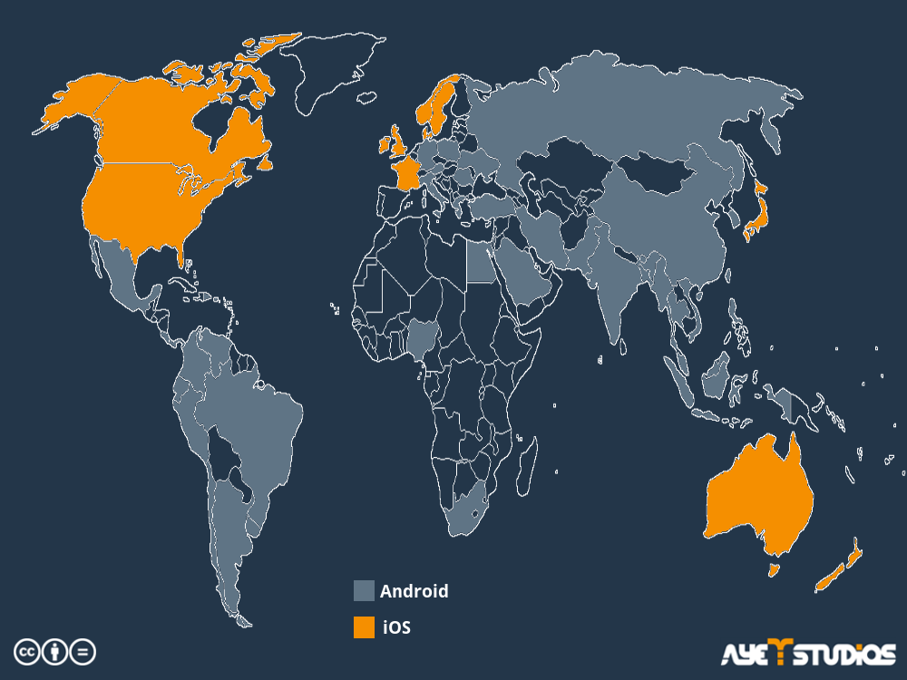 A world map where you can see which mobile OS is used most in which country.