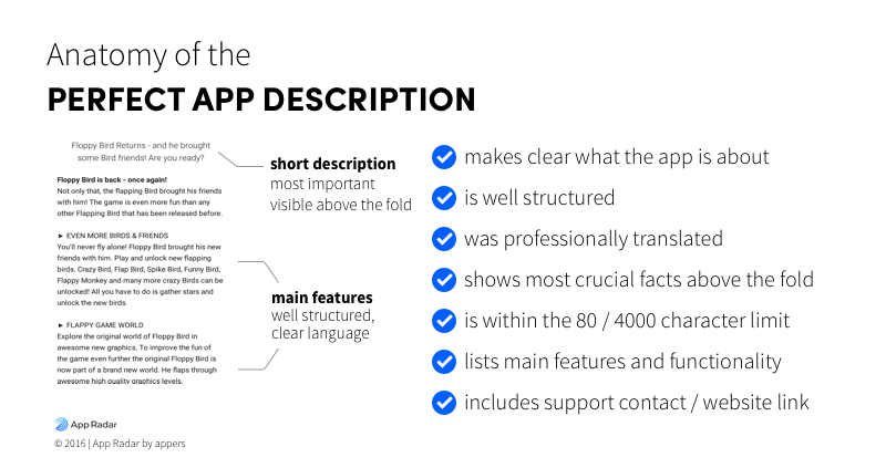 A checklist for the perfect app description if you think off app store optimization