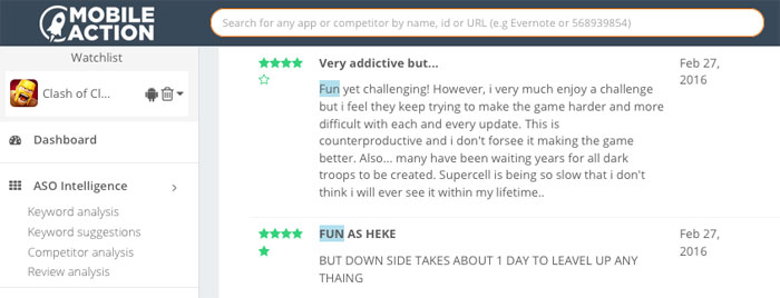 With the help of Mobile Action you can search specific words in the reviews of your app.